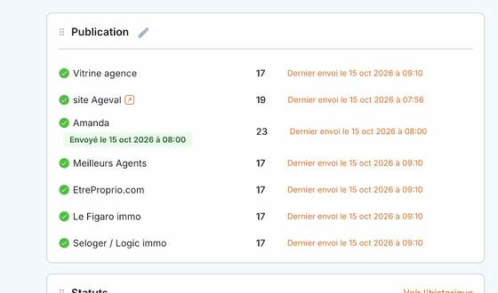Le bloc « Publication » d'une annonce : sous « Amanda », la pastille verte « Envoyé le 15 oct 2026 à 08:00 ».