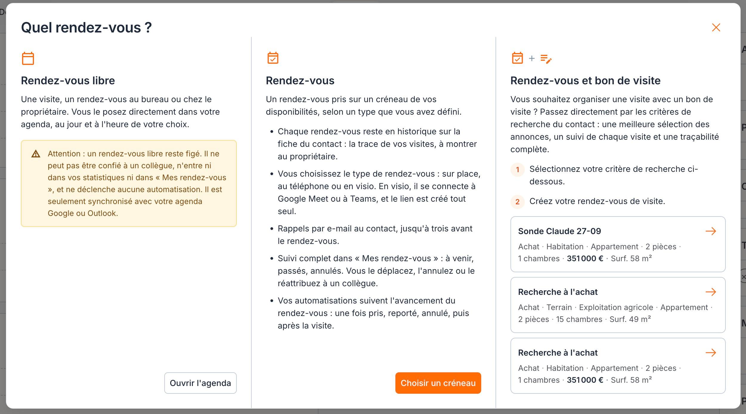 La fenêtre « Quel rendez-vous ? » : « Rendez-vous libre » et son avertissement, « Rendez-vous » pris sur un créneau de vos disponibilités, et « Rendez-vous et bon de visite » avec les recherches du contact.