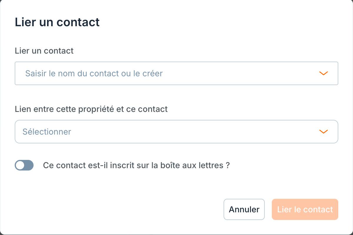 La fenêtre « Lier un contact » : le contact, son lien avec la propriété, et la boîte aux lettres.