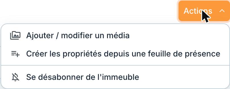 Le menu « Actions » d'un immeuble : « Ajouter / modifier un média ».