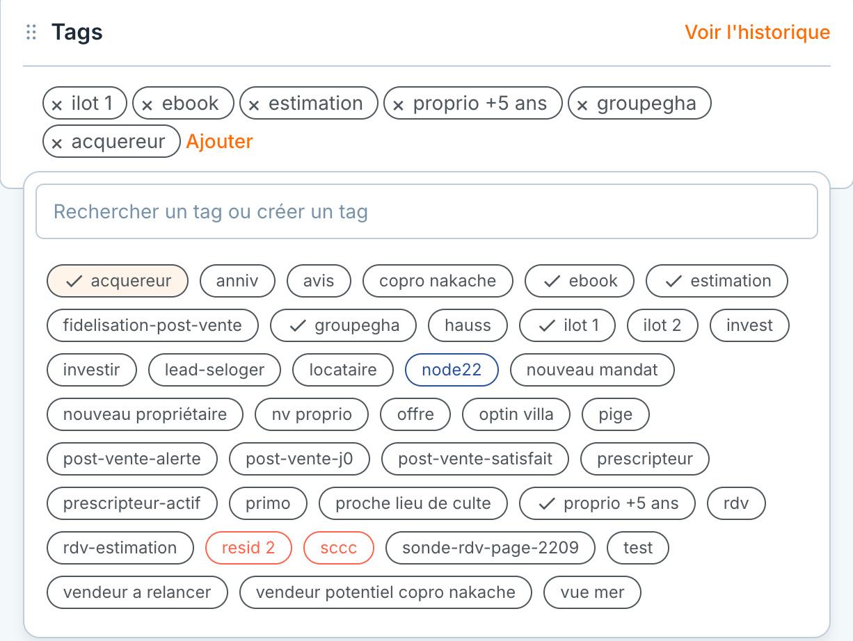 « Rechercher un tag ou créer un tag » : les tags déjà posés sur l'immeuble sont cochés.