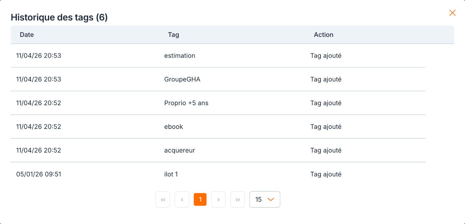« Historique des tags » : la date, le tag et l'action.
