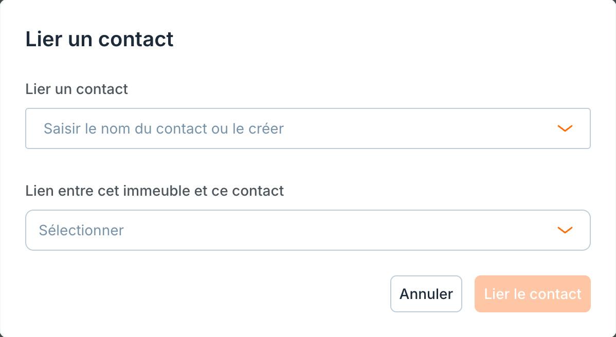 La fenêtre « Lier un contact » d'un immeuble.