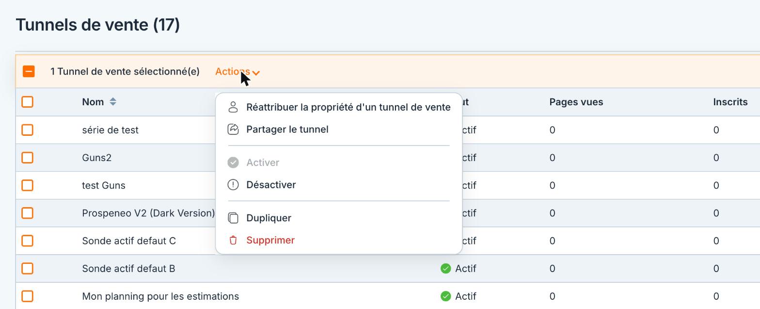 Le menu « Actions » d'un tunnel coché.
