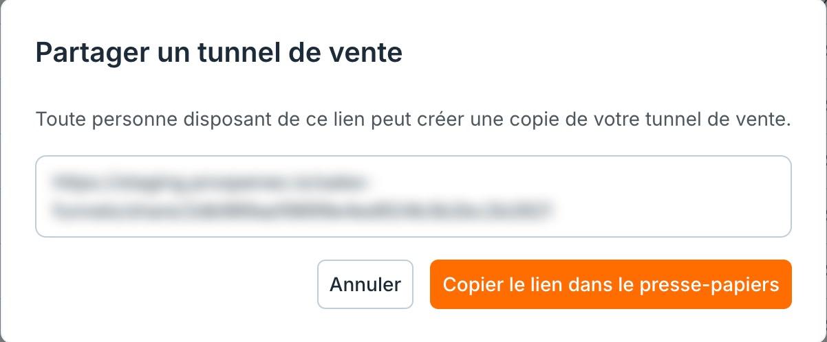 La fenêtre « Partager un tunnel de vente » et son lien.