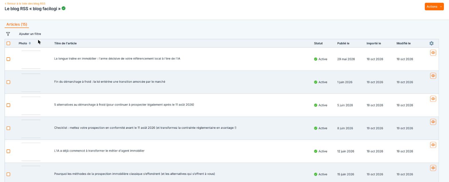 La liste des articles d'un blog.