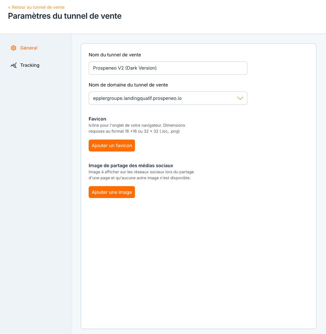 « Paramètres du tunnel », onglet « Général » : nom, domaine, favicon, image de partage.