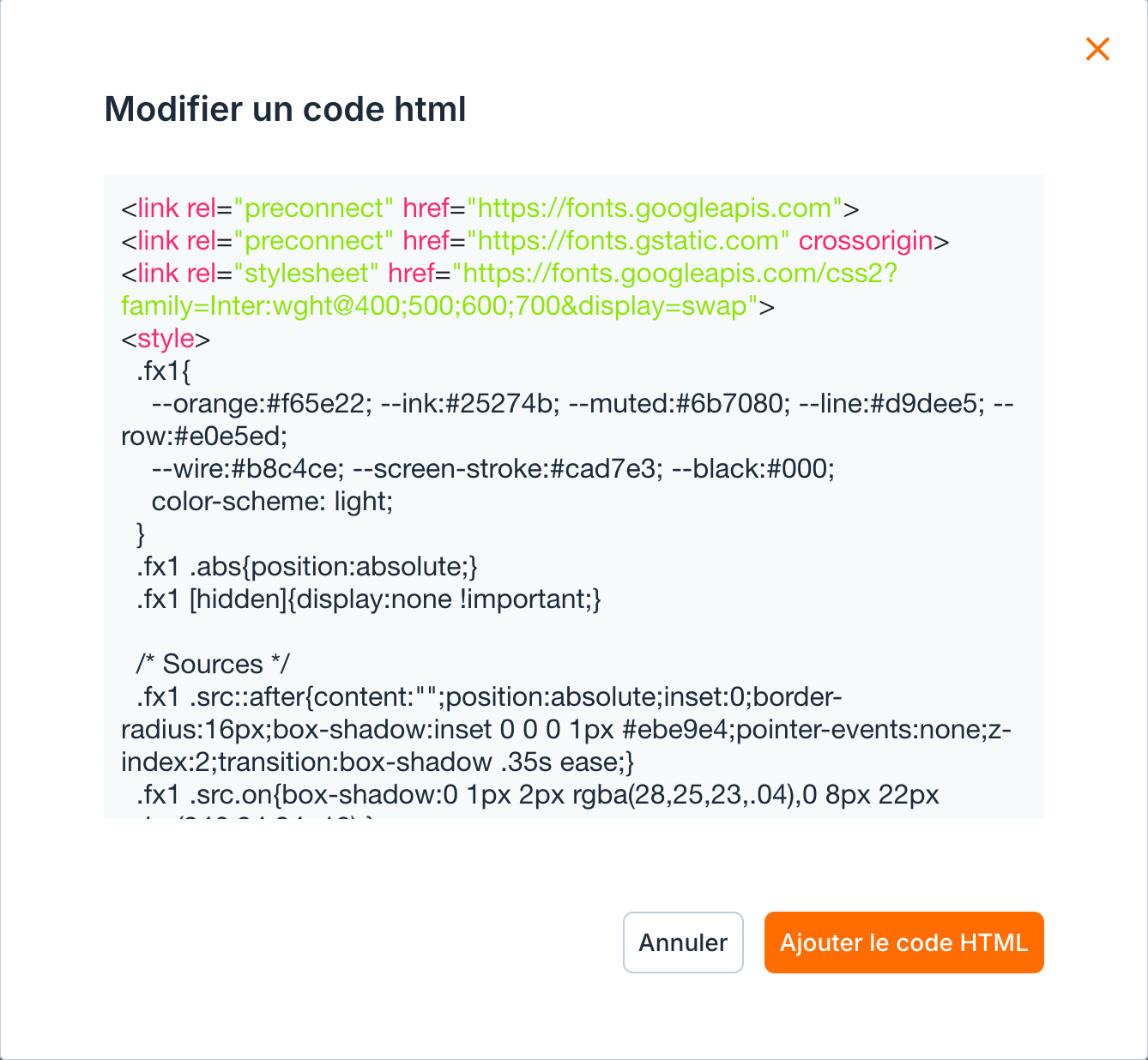La fenêtre « Modifier un code html ».