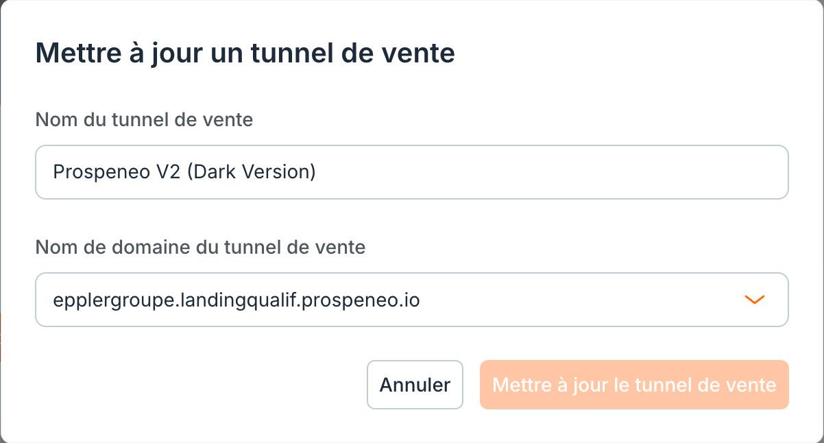 La fenêtre « Mettre à jour un tunnel de vente » : nom et domaine.