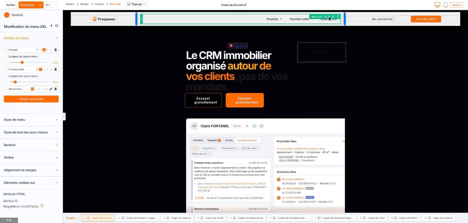 Le volet « Modification du menu XXL » : trois entrées, dont deux avec un sous-menu.