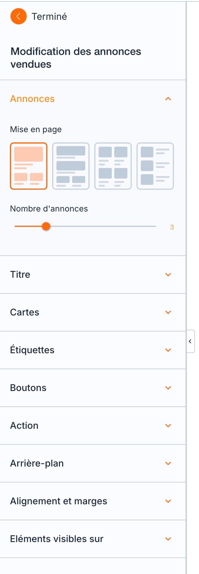 Le volet « Modification des annonces vendues » : l'accordéon « Annonces » ouvert, puis Titre, Cartes, Étiquettes, Boutons et Action.