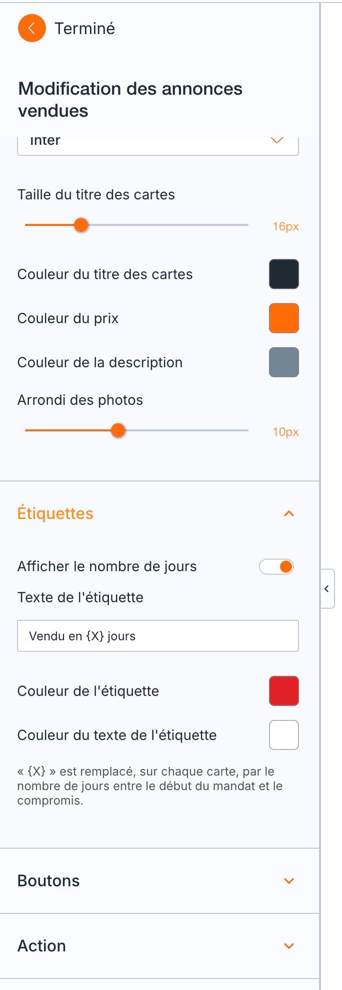 L'accordéon « Étiquettes » des annonces vendues : le nombre de jours affiché, le texte « Vendu en {X} jours », la couleur de l'étiquette et de son texte.