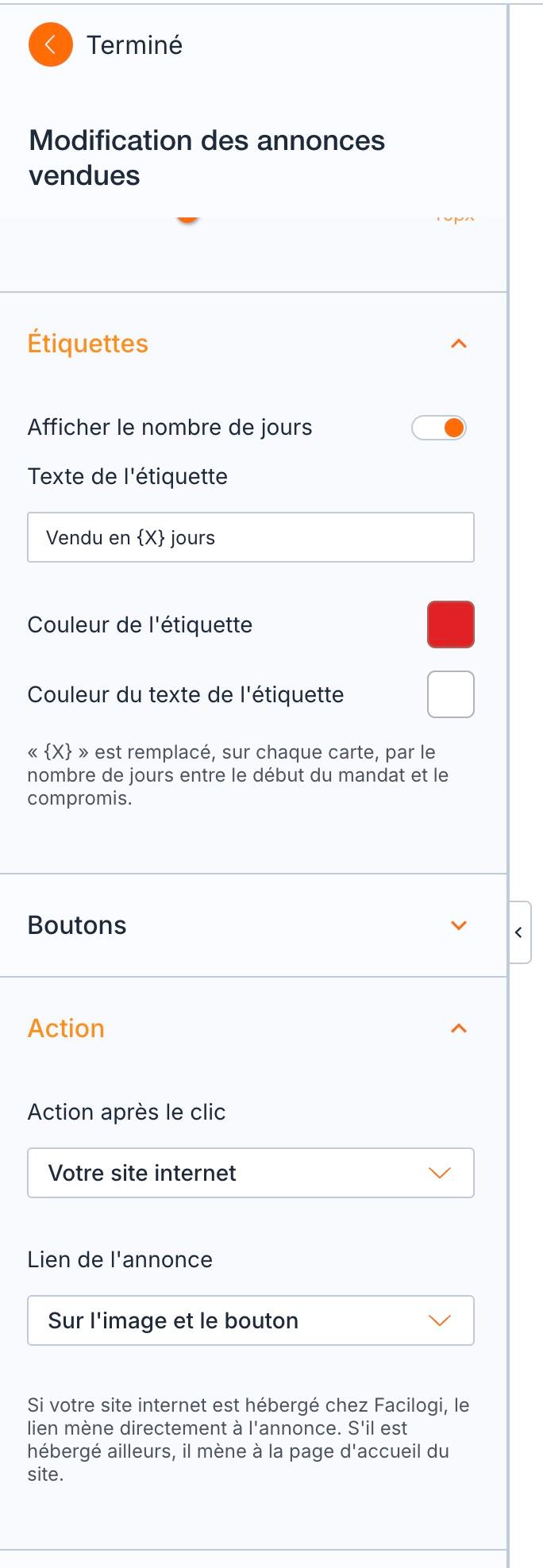 L'accordéon « Action » : « Votre site internet », lien posé « Sur l'image et le bouton ».