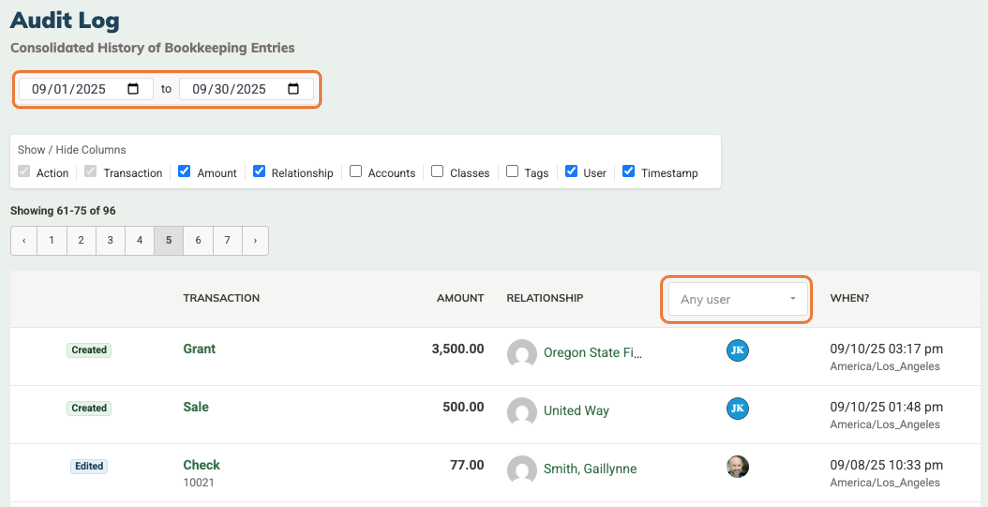 Screenshot of audit log