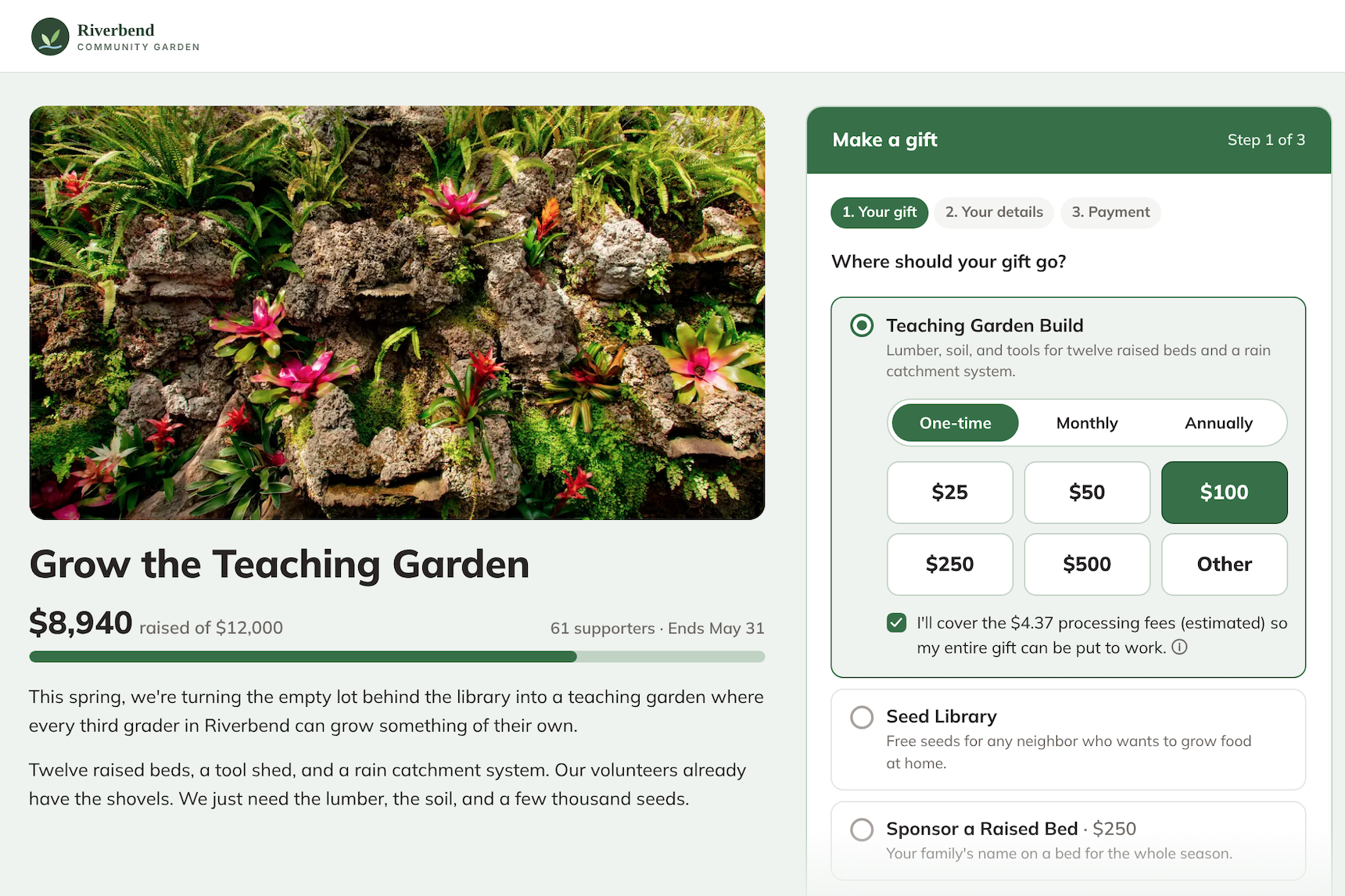 Maui (Campaign page) design: the campaign story, photo, and progress bar on the left, with the gift form on the right