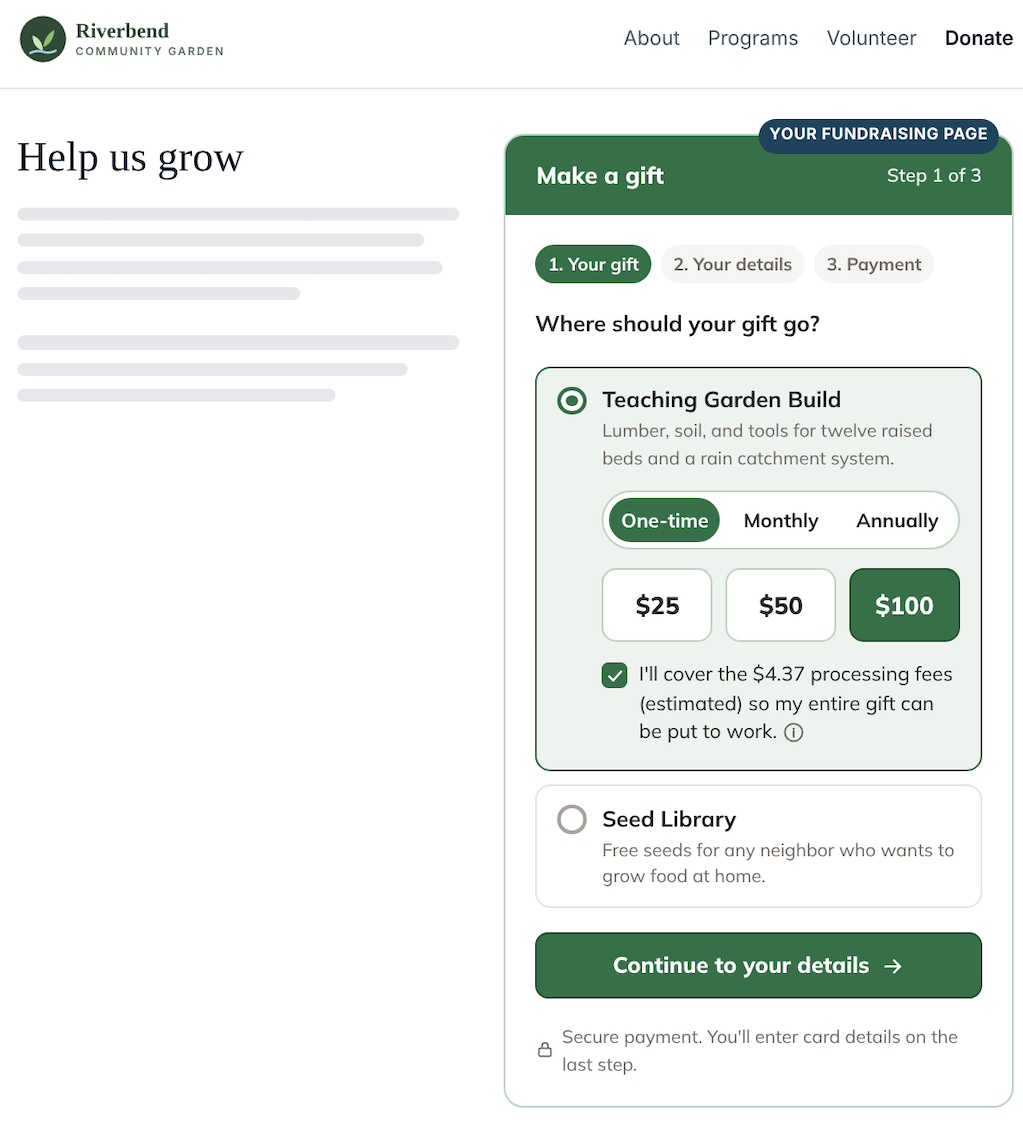 A Fundraising Page gift form embedded on an organization's own website, beside the site's page content