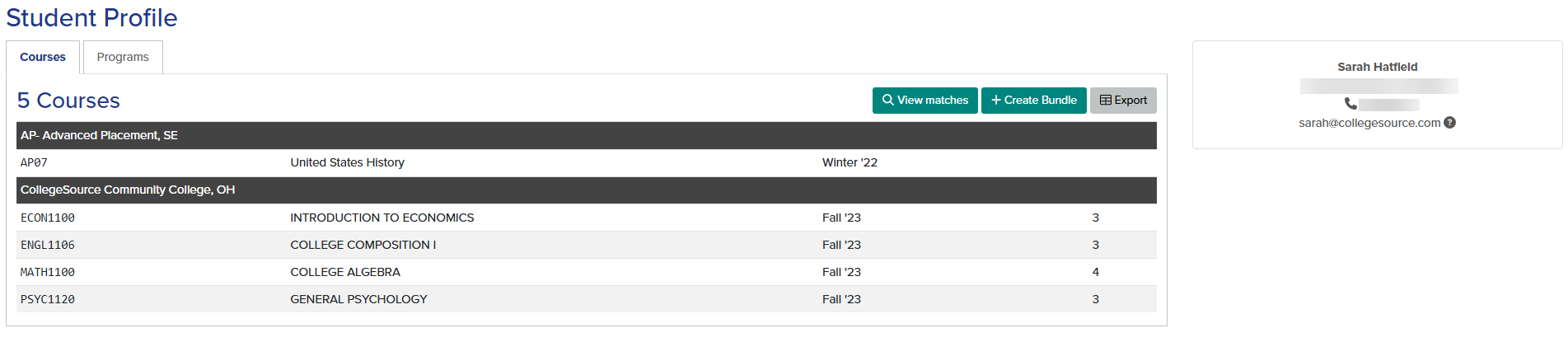 Student Profile page, as described below. 5 Courses are listed. Options include viewing matches, creating bundles, and exporting data.