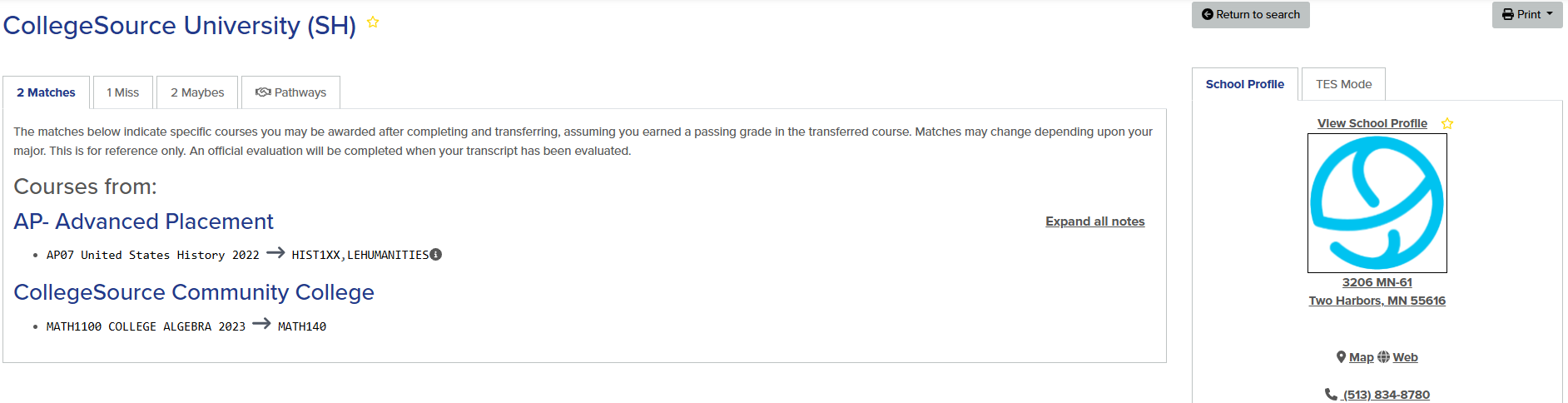 1 Match is displayed for AP 07 United States History at CollegeSource University SH. A match is also displayed for MATH1100 College Algebra from CollegeSource Community College.
