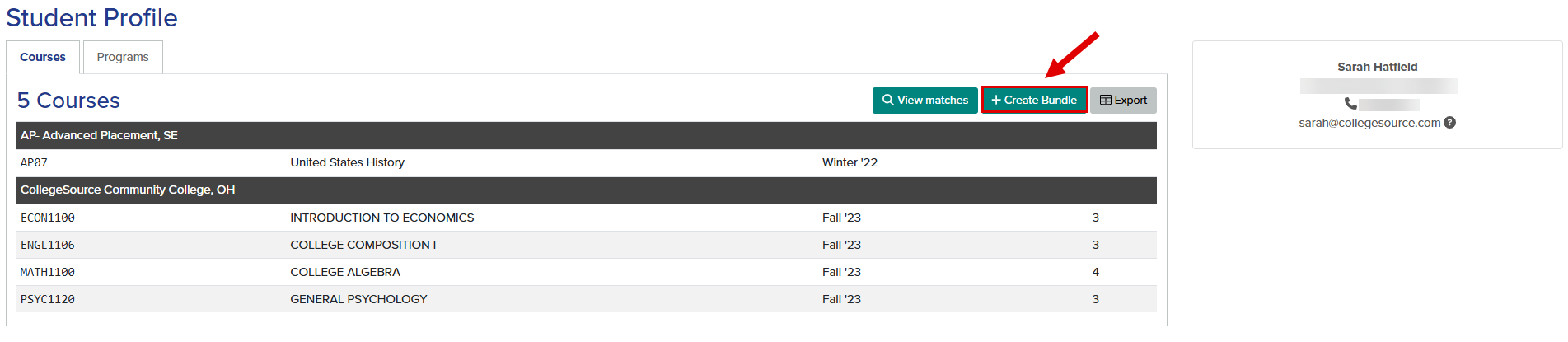 Callout illustrates the location of the Create Bundle button.