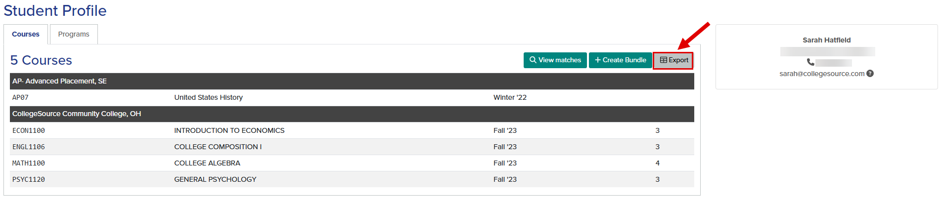 Callout illustrates the location of the Export button.