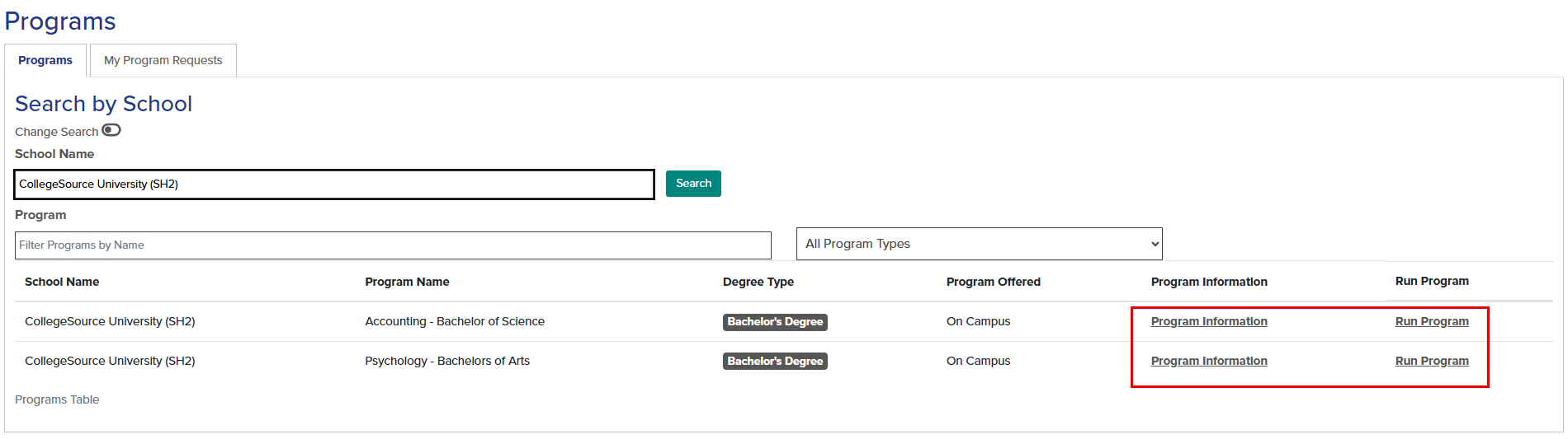 Callouts illustrate the location of the Program Information and Run Program hyperlinks.