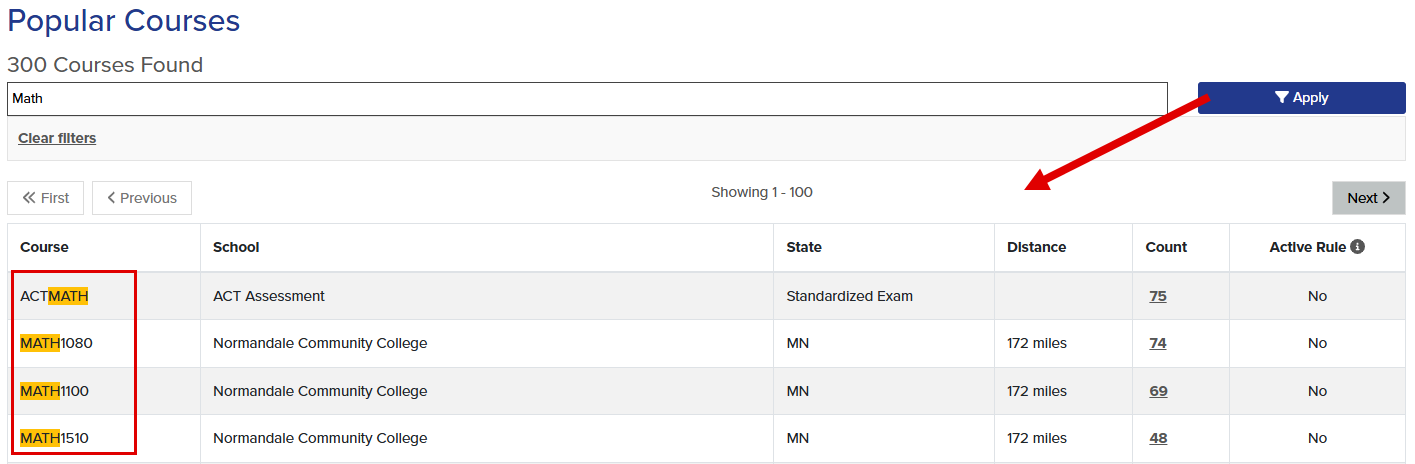 A filter has been applied to search only for Math courses.