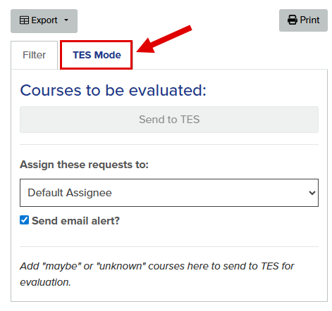The callout highlights the location of the TES Mode tab.