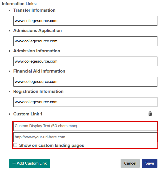 The callout highlights the boxes and text that appear when adding a custom link.