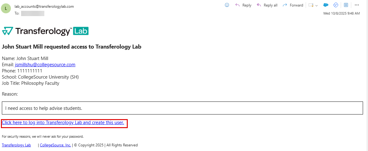 Transferology Lab account request email. The callout highlights the hyperlink School Administrators can select to begin creating the user account.