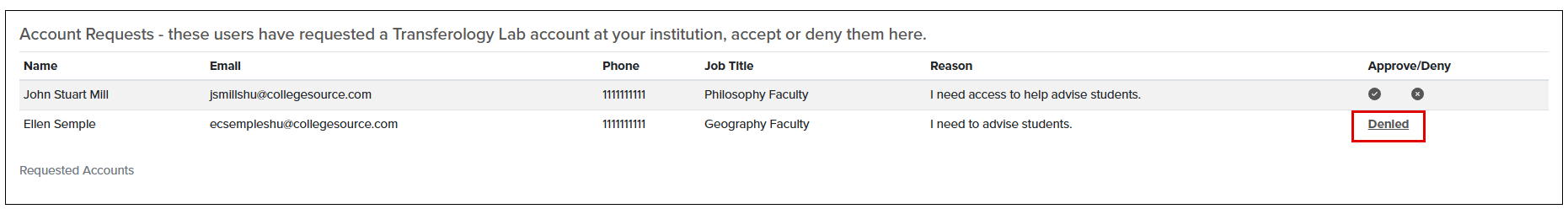 Transferology Lab account request within the User tab of the School Profile. The user account has been denied, and is marked as denied within the screen.