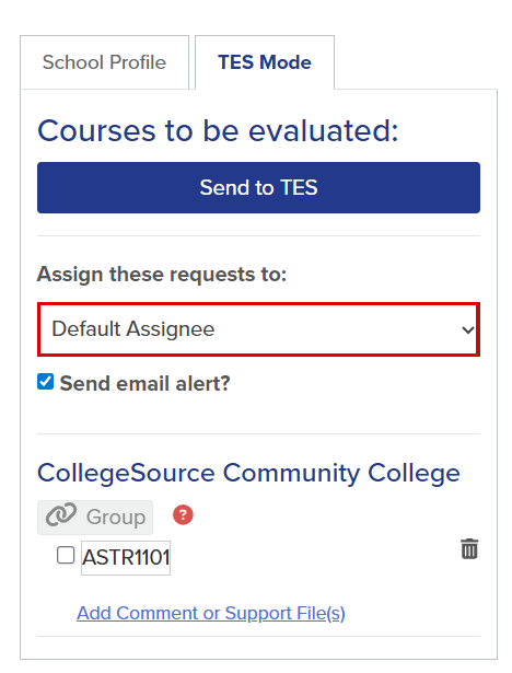 The callout highlights the Assign these requests to field. The Default Assignee is autoselected.