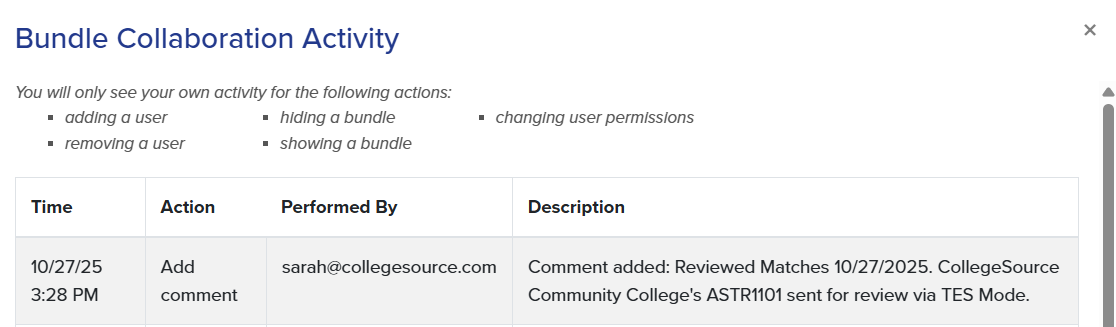Bundle Collaboration Activity. Within the action field, it's noted that a comment was added. The user can see who performed the action, and the comment added.