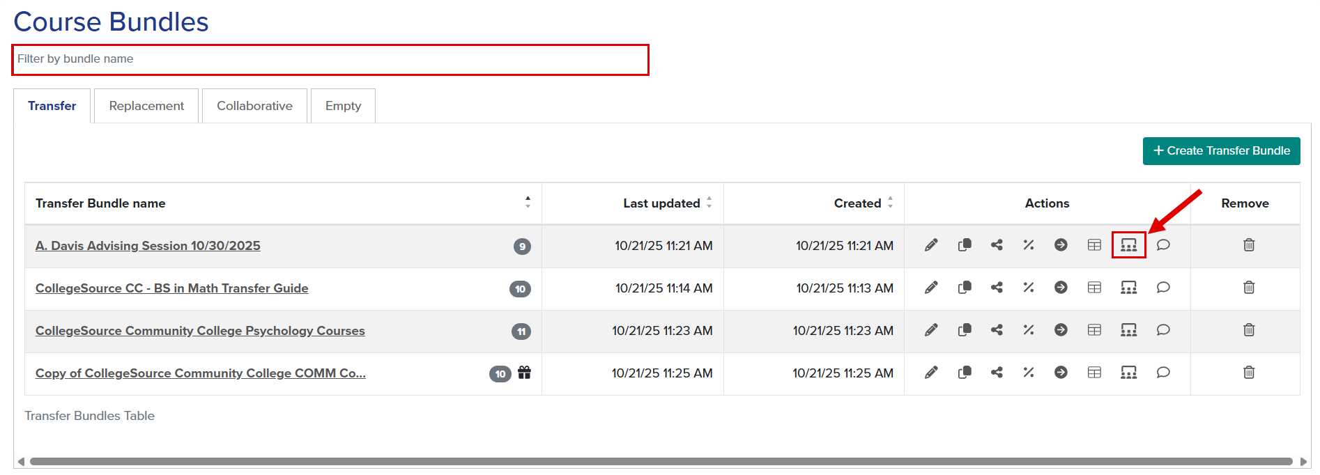 Call outs highlight the location of  Filter by bundle name and the manage bundle collaborators button.
