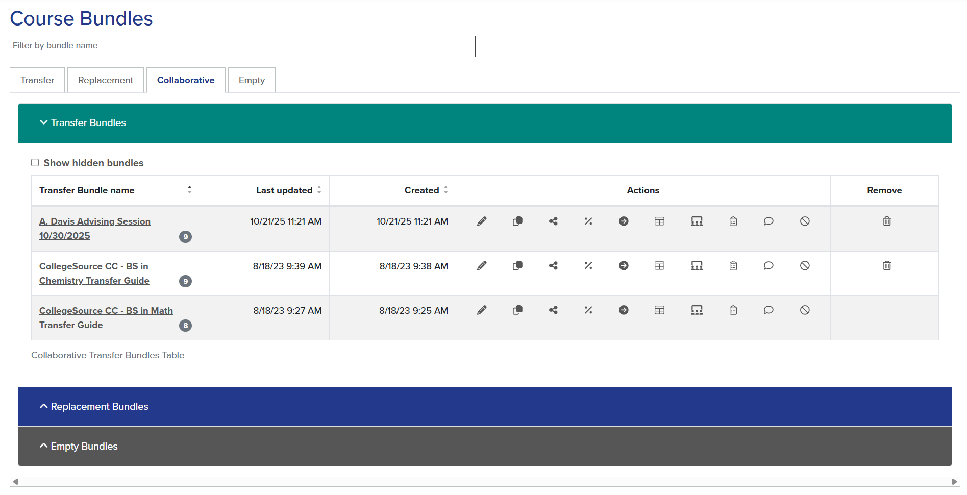 Image of Collaborative Bundles tab. Three Transfer Bundles are displayed.