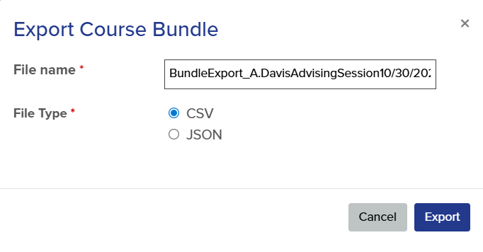 Export Course Bundle pop up as described below.