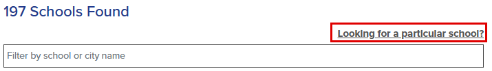 Callout highlights the location of the Looking for a particular school hyperlink.