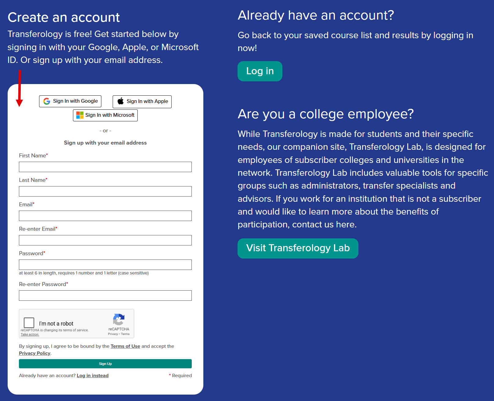 Screenshot of the sign up page within Transferology. A callout points to the area in which to create an account via social login or email.
