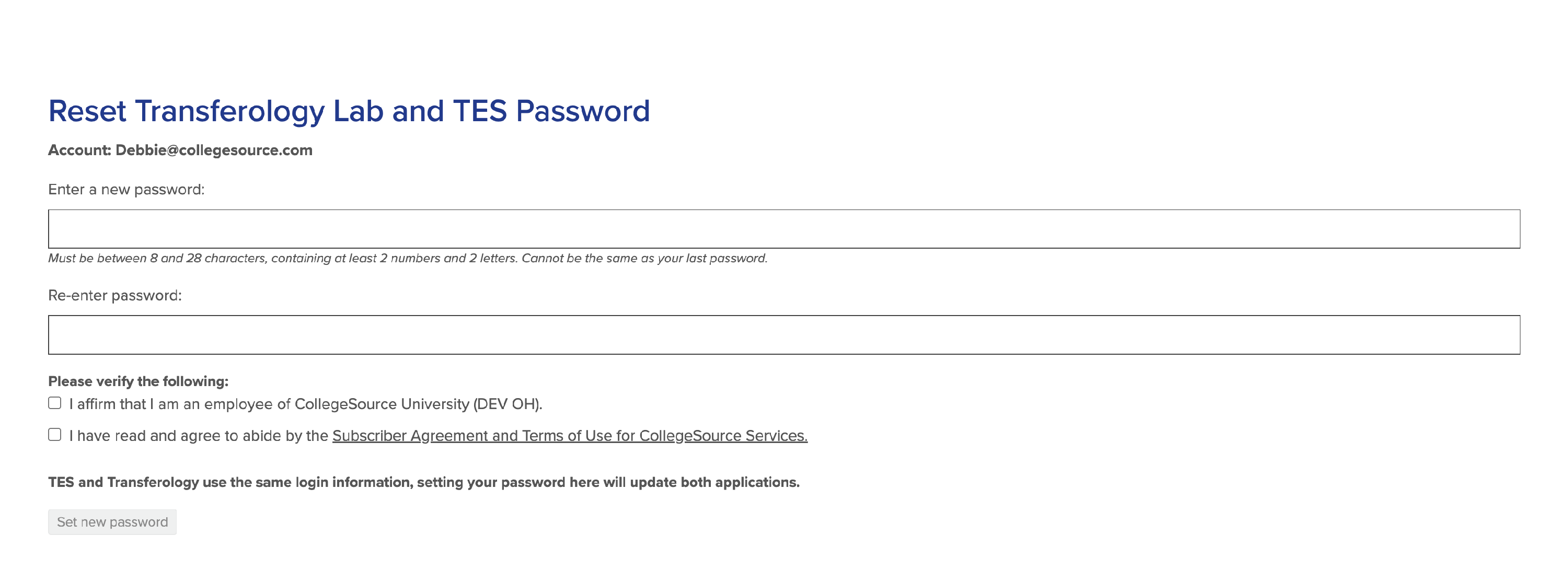The Reset Transferology Lab and TES password screen is shown, with the user account listed at the top above the reset password fields.