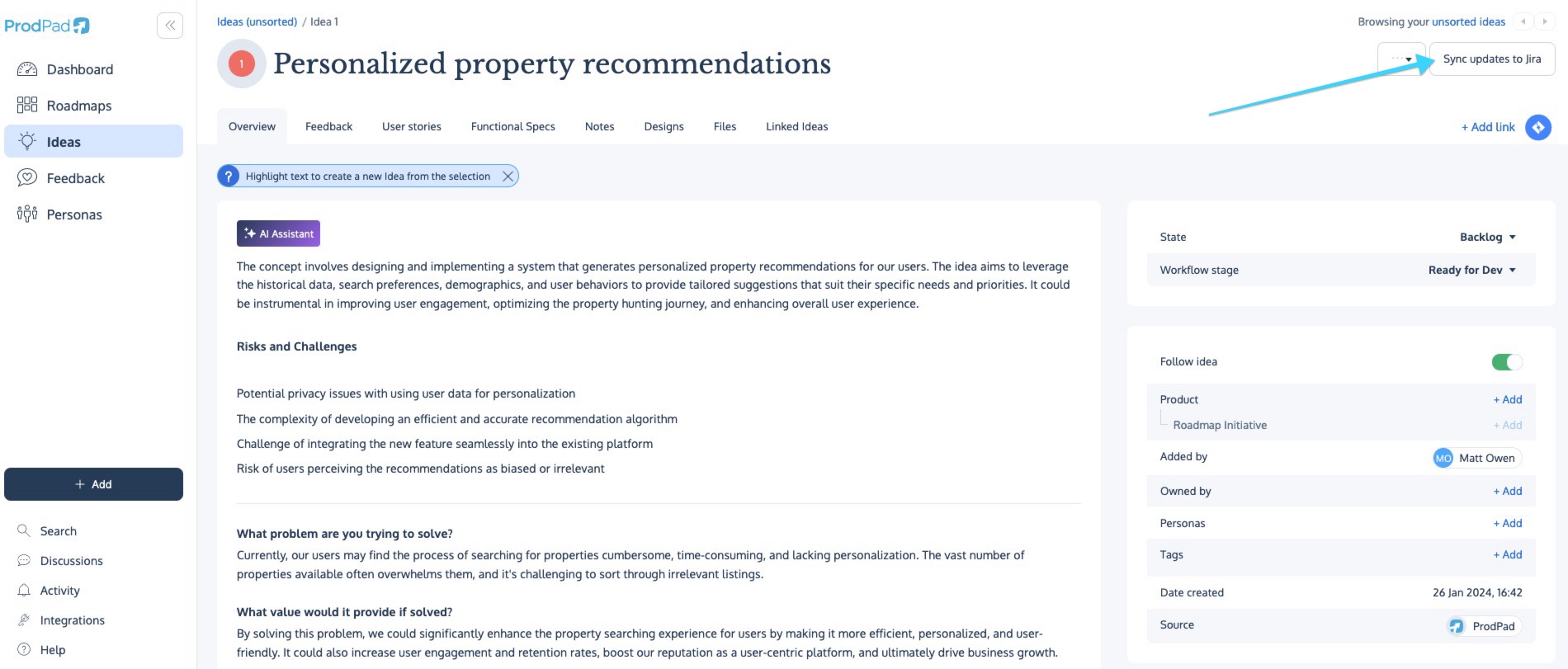 A screenshot showing the Sync updates to Jira button.