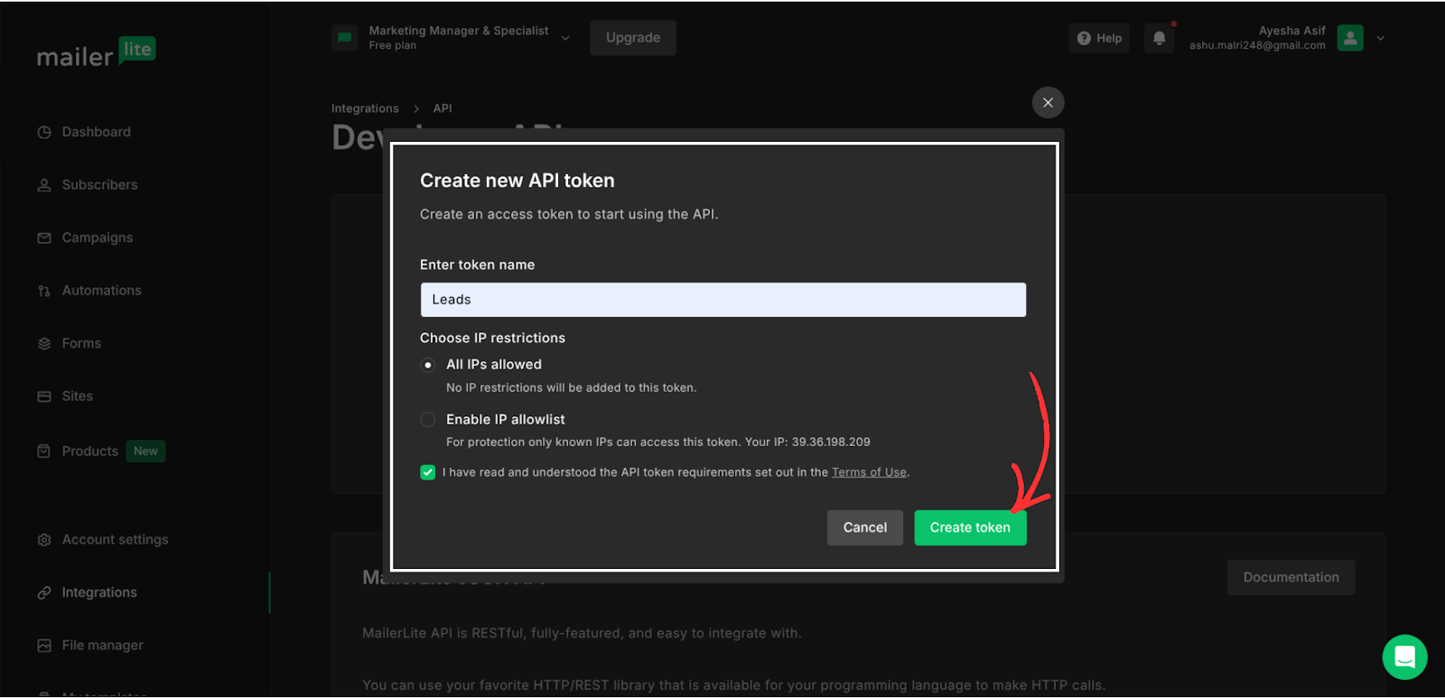MailerLite integration step screenshot