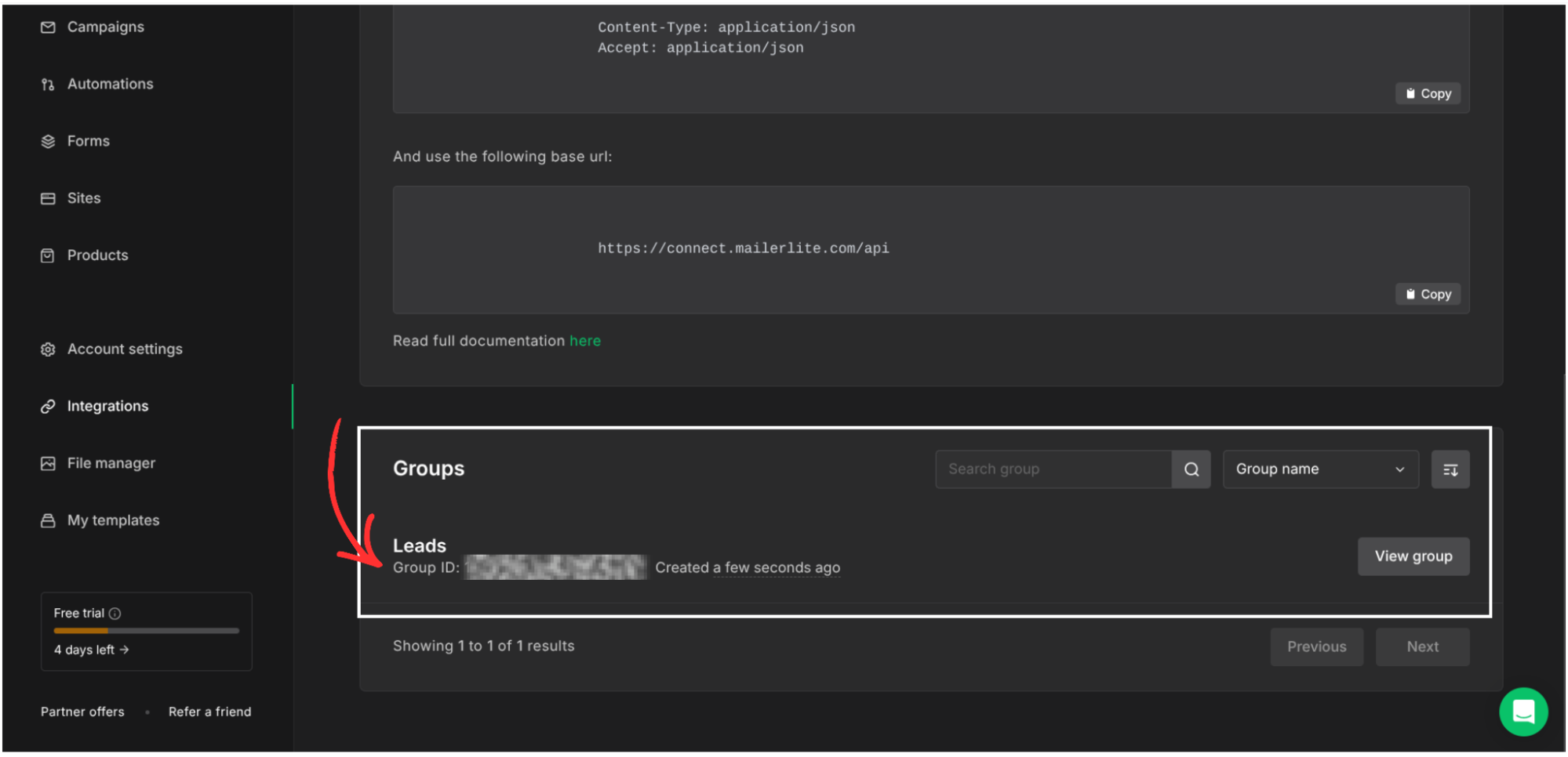 MailerLite integration step screenshot