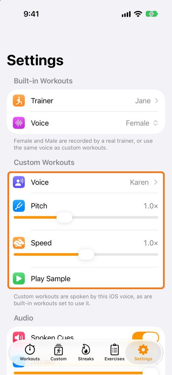 Custom Workouts voice settings