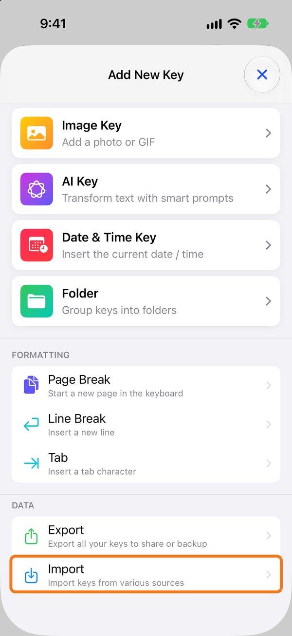 Import in the Add New Key menu