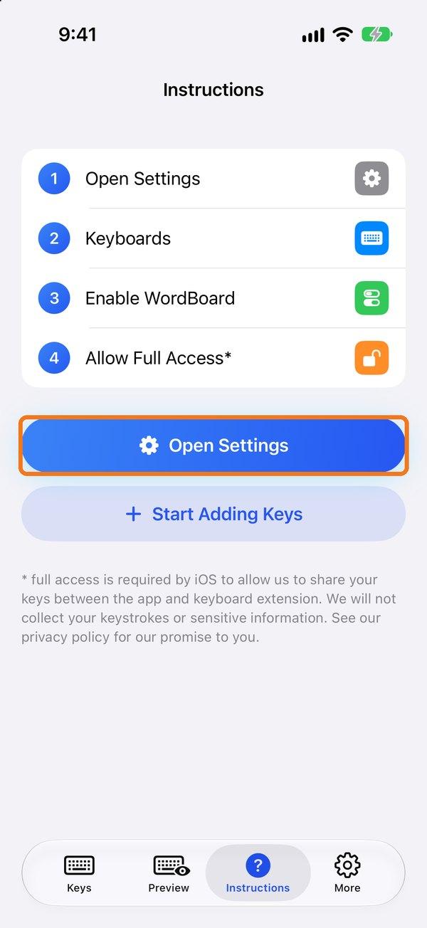The Instructions tab with the Open Settings button