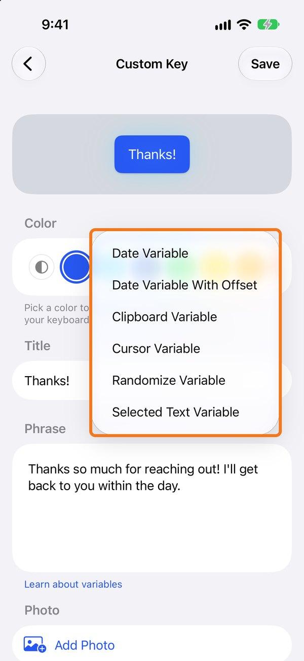 The Variable menu in the key editor