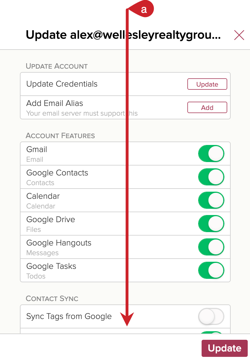 Cloze Update - Connected Account: Scroll down the menu.