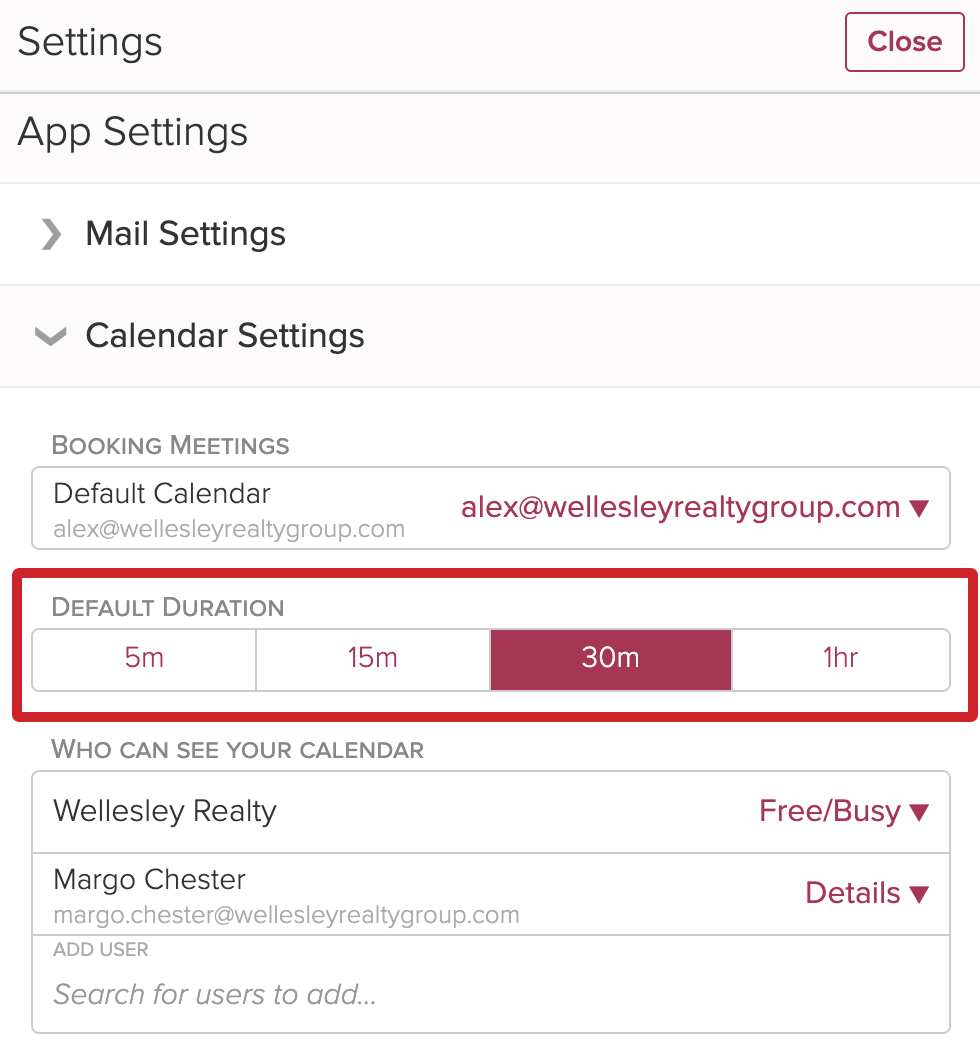 Cloze Calendar Settings: Set the default meeting duration.