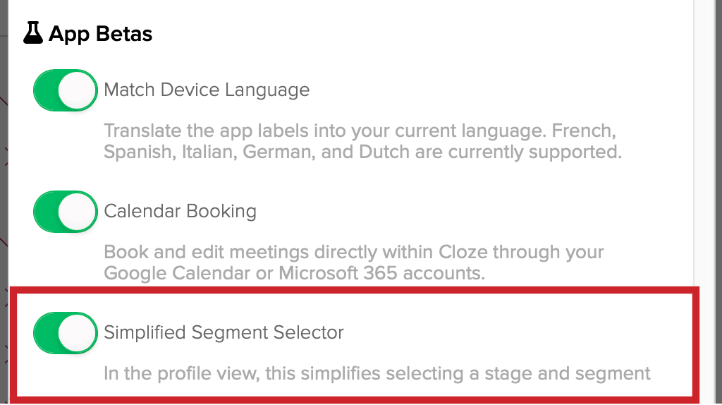 App Betas - Simplified Segment Selector is enabled.
