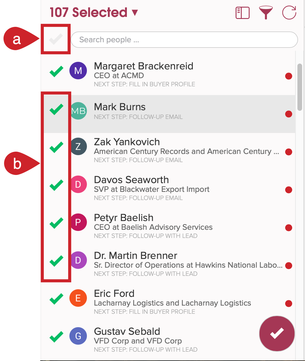 Select all by tapping the checkmark at the top or select contacts one by one