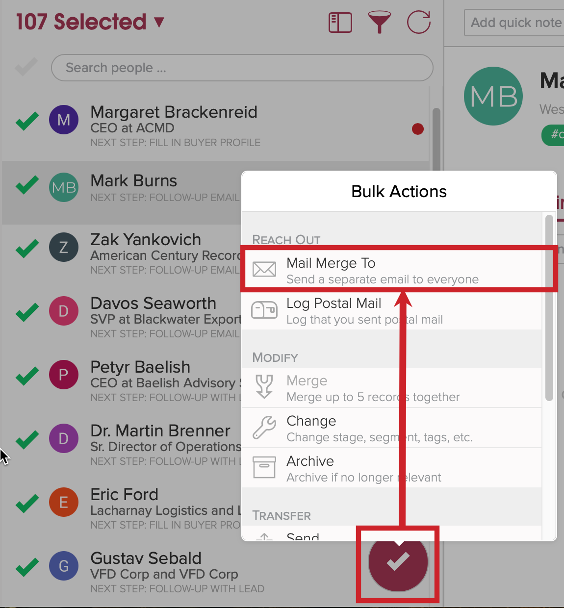 Tap the checkmark at the bottom and then Mail Merge To